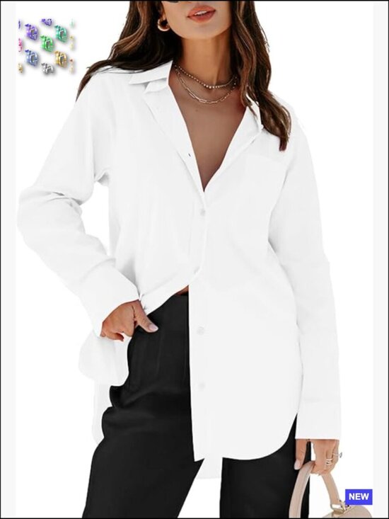 Tops - Classic Button Down Shirt Long Sleeve V Neck Blouse with Pockets Casual Elegant